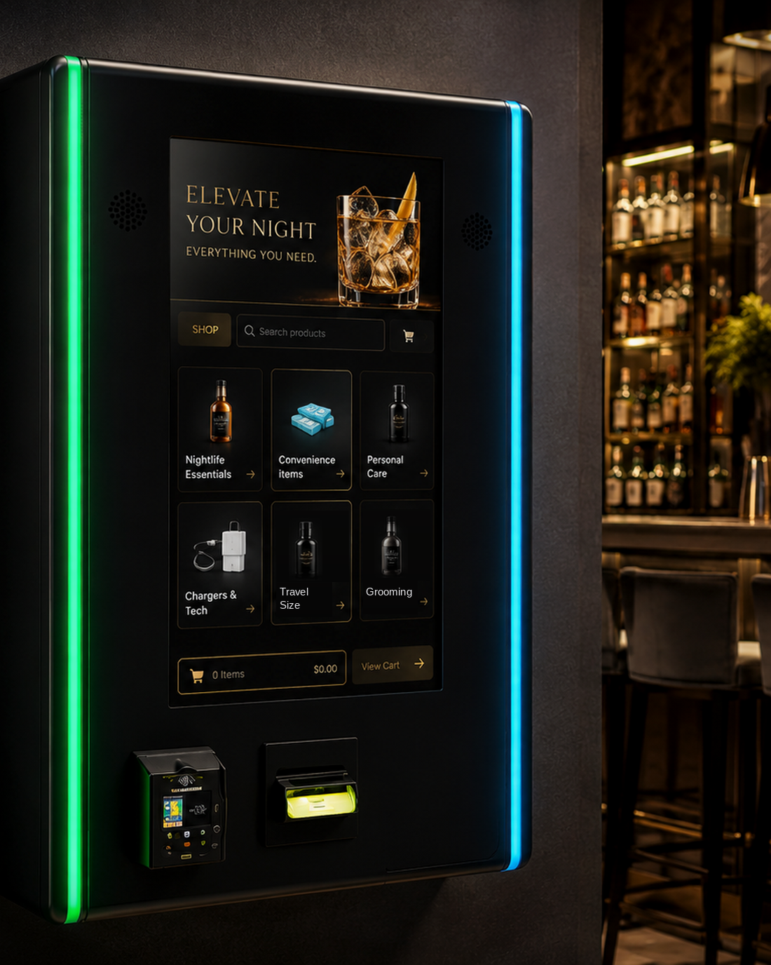 A KYRO machine on the wall of an upscale bar.