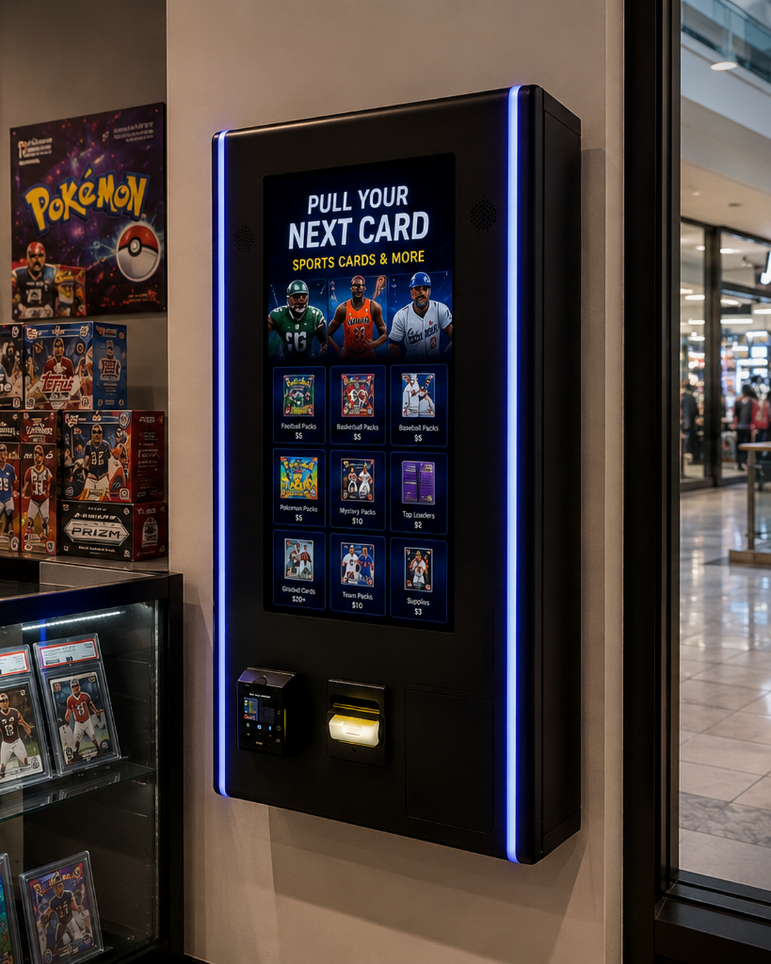 A KYRO machine outside a collectibles shop in a mall.