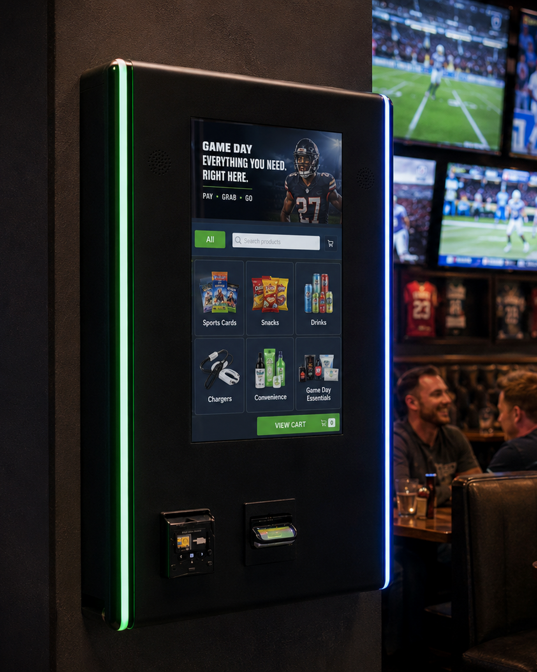 A KYRO machine on the wall of a sports bar beside the booths.
